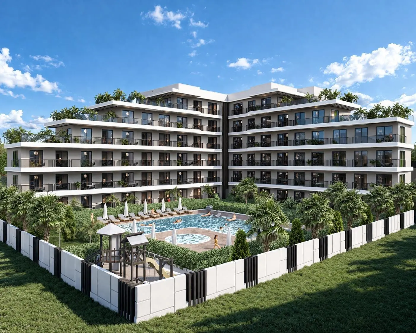 Die Wohnflügel mit Dachterrassen und L-Pool am Tag